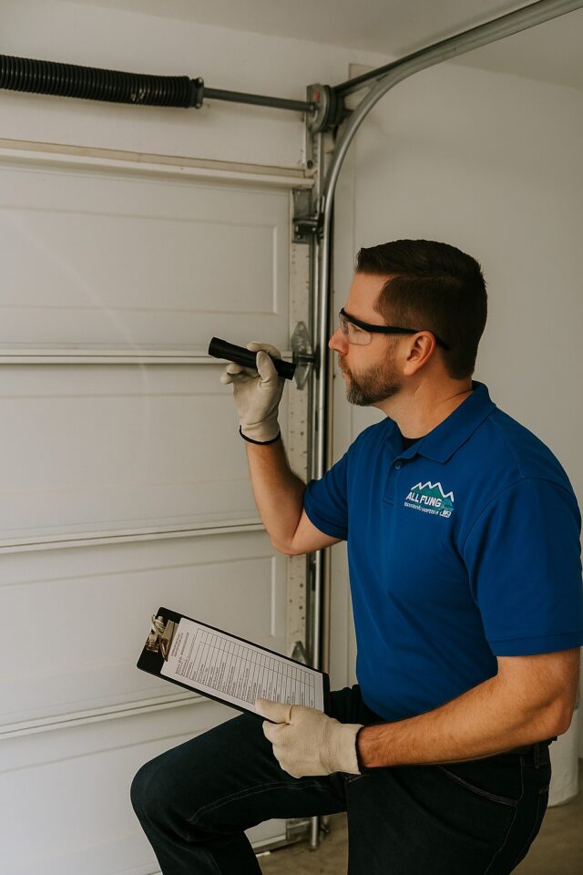 Technician from Alpine Garage Doors Texas inspecting a garage door system during an emergency garage door repair service.