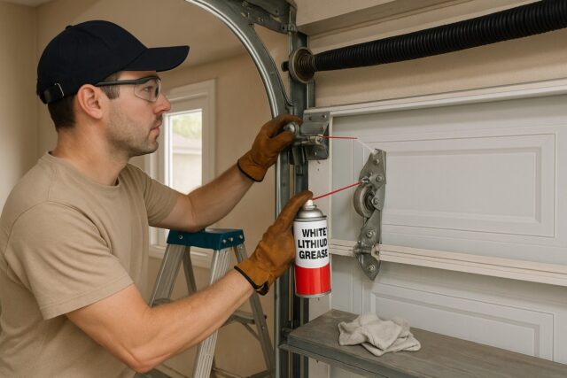 Garage door maintenance in progress as a man applies white lithium grease to lubricate moving parts including rollers and hinges.