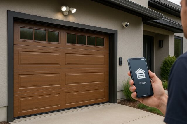 New garage door installation on a modern home with faux wood finish, smart features, and energy-efficient design