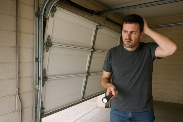 Concerned homeowner inspecting a misaligned garage door track, signaling the need for emergency garage door repair.