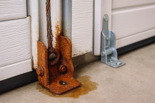 Close-up of rusted garage door corner with frayed cable and corroded bottom bracket, indicating need for professional garage door service.