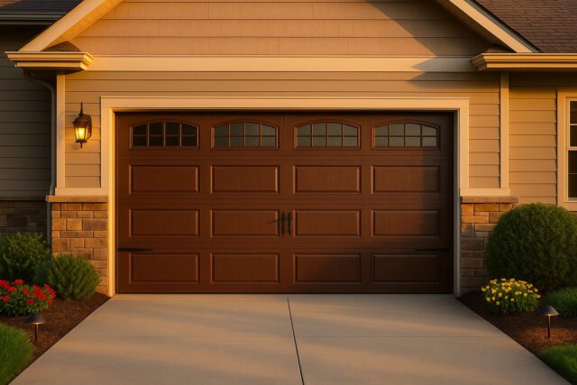 Front view of a traditional-style new garage door with wood finish, decorative windows, and elegant hardware, framed by a well-maintained home exterior and landscaping.
