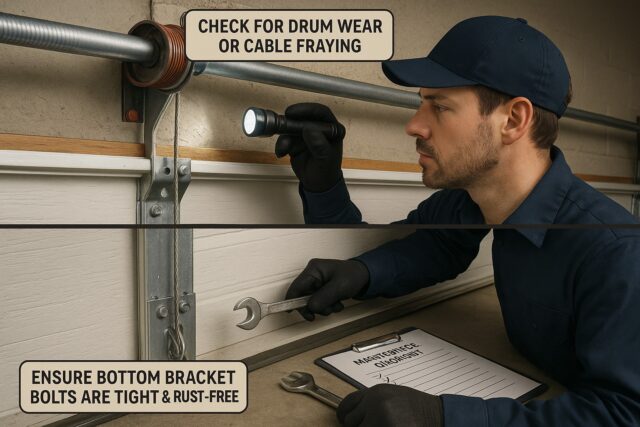 Technician performing garage door service by inspecting cable drum and bottom bracket for wear, rust, and secure fittings.