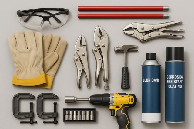 A complete set of essential tools for garage door cable replacement is neatly arranged on the work surface.