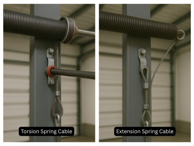 A side-by-side comparison of torsion spring cable and extension spring cable setups, illustrating their distinct roles in garage door cable replacement systems.