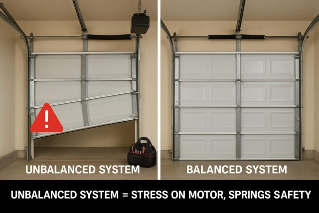 Comparison of garage door parts showing effects of unbalanced system on springs, motor, and safety.