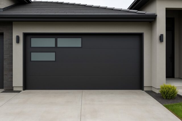 Modern black garage door replacement with horizontal windows