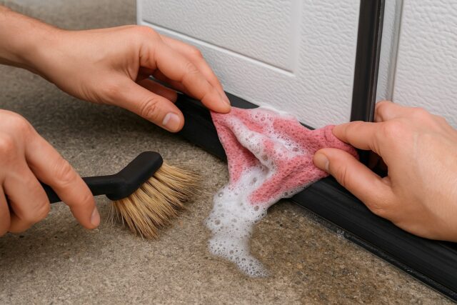 Hands cleaning garage door weather sealing with brush and soapy cloth for maintenance.