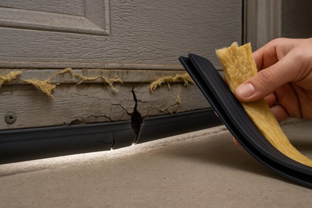 Close-up of cracked garage door bottom with damaged seal and insulation, showing need for garage door repairs.