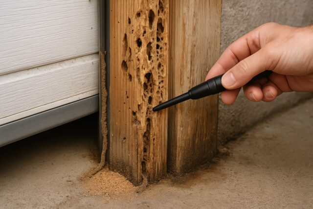 Termite-damaged garage door framing being inspected with tool.