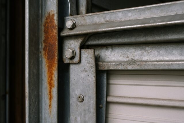 Close-up of rusted metal garage door framing with bolts
