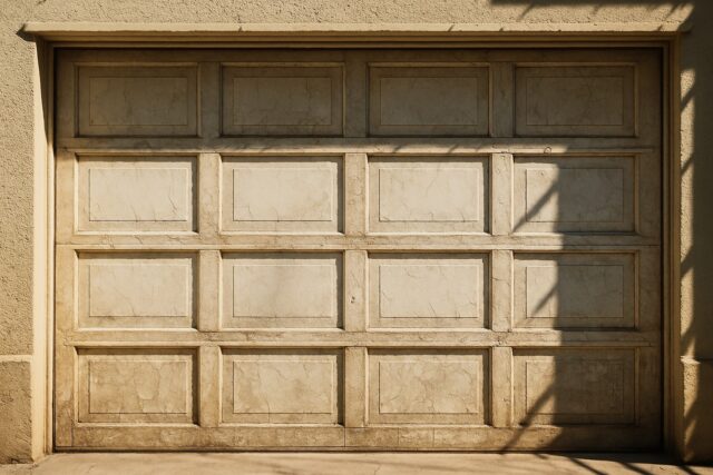 Old sun-bleached garage door with faded paint and cracks, showing need for garage door repairs.