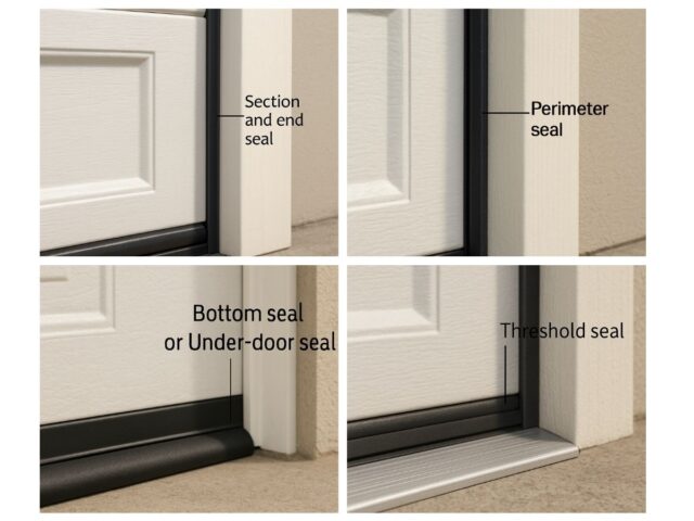 Close-up collage of garage door weather sealing types, including perimeter, bottom, section, and threshold seals.