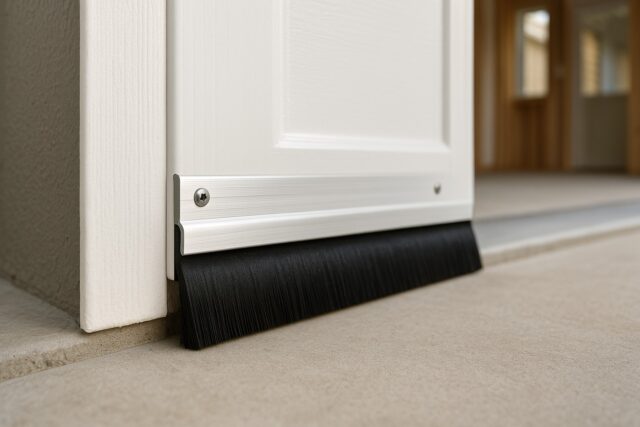 Garage door weather stripping with a brush seal sweep for energy efficiency and protection.