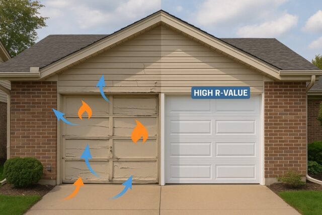 Side-by-side comparison showing repair garage door upgrade from old drafty door to insulated high R-value energy-efficient door.