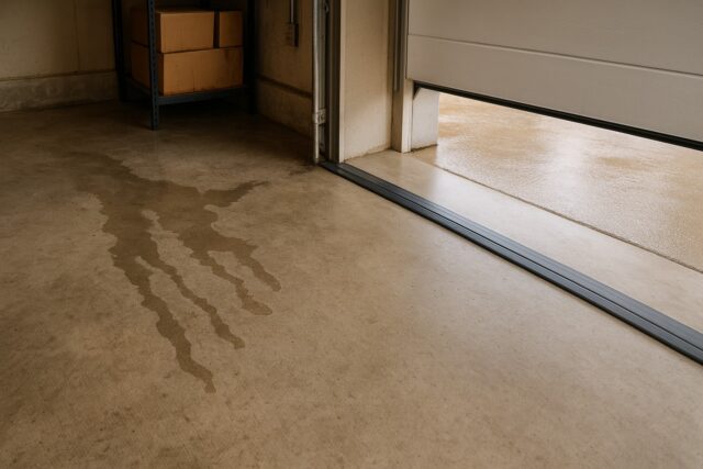 Garage door weather stripping with threshold seal preventing water leaks inside the garage.
