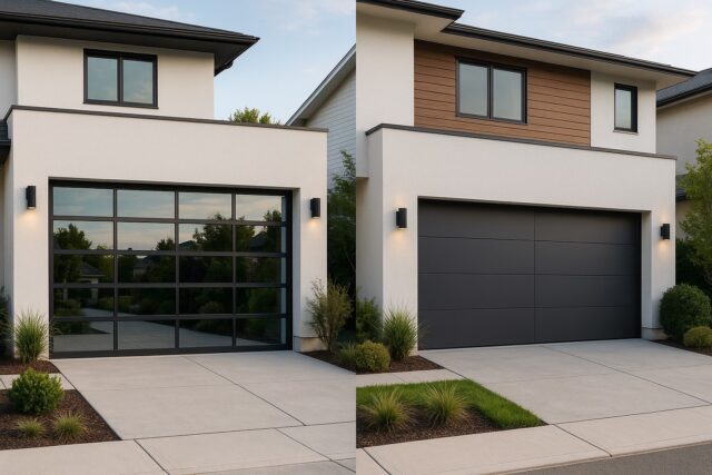 Side by side comparison of glass panel and sleek solid modern garage doors on contemporary homes.