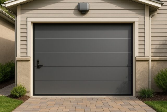Stylish gray modern garage doors on residential home exterior.