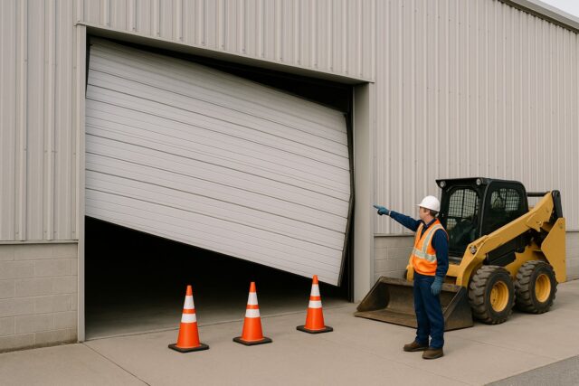 Worker pointing at a damaged overhead door during commercial garage door repair.