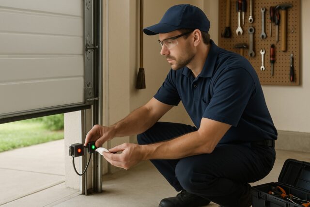 Technician performing garage door maintenance by cleaning and testing safety sensors for proper door operation.