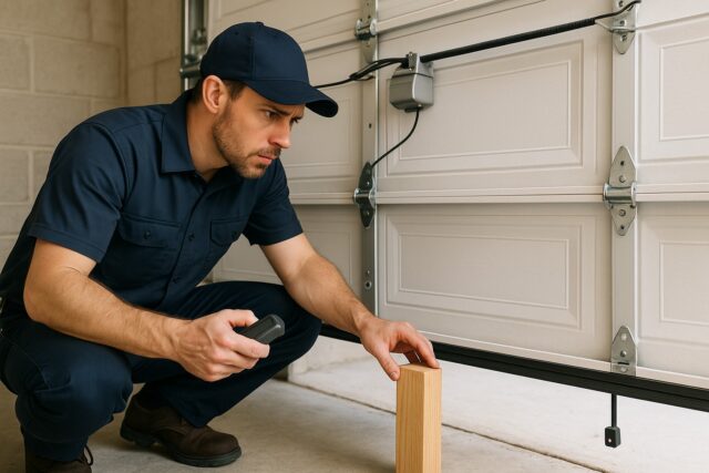 Technician performing a garage door tune-up by testing the door’s safety reverse system with a remote control and wooden block to ensure proper sensor alignment and safe operation.