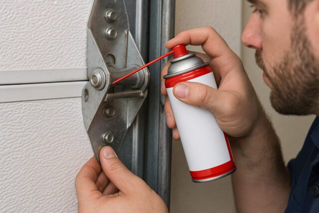 Technician performing a garage door tune-up by lubricating metal hinges with spray lubricant to ensure smooth operation and prevent noise.