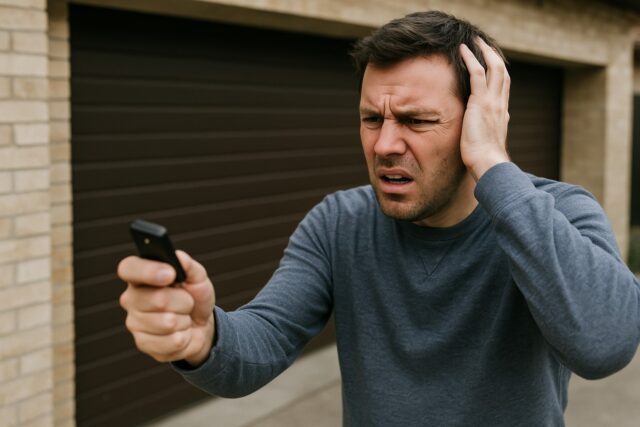 A frustrated man struggles to operate his automatic garage doors with a remote control.