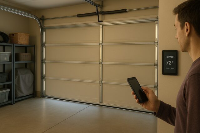 A man uses his smartphone to control automatic garage doors opening in a modern, well-organized garage with soft interior lighting.